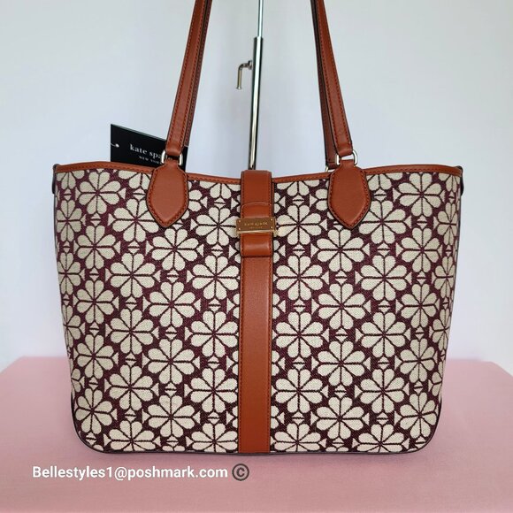 KATE SPADE Spade-Flower Jacquard and Leather Medium Open Tote- Burgundy Multi⭐ - Picture 1 of 16